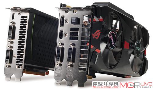 Matrix 580（右）的接口配备为双DVI接口+HDMI接口+Displayport接口，需要占用三个PCI-E插槽。公版GTX 580（左）的接口为双DVI+Mini HDMI。